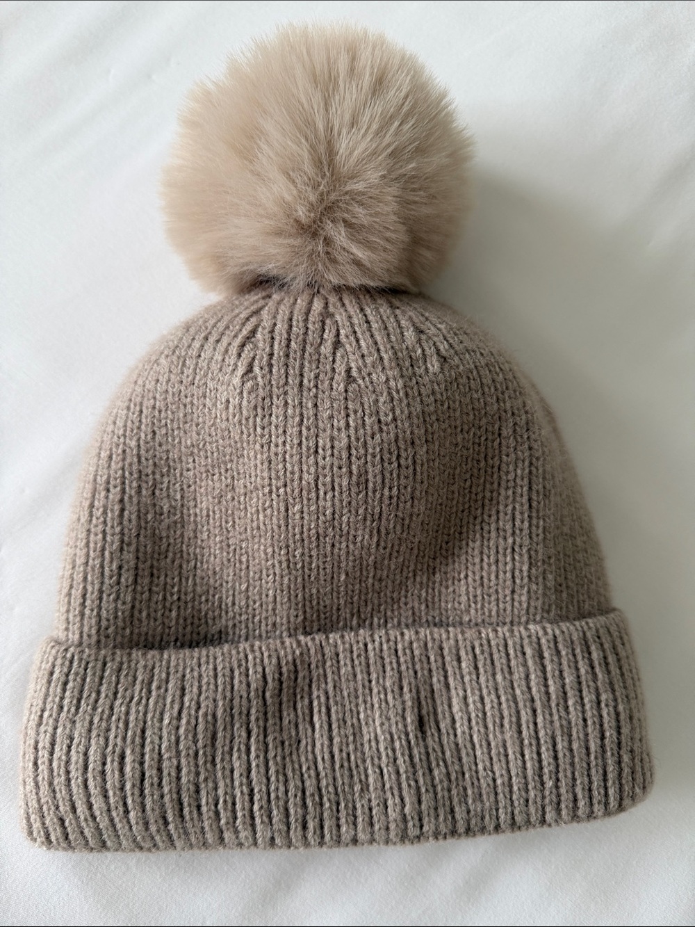 Plush-Lined Knit Pom Beanie in Light Taupe OS